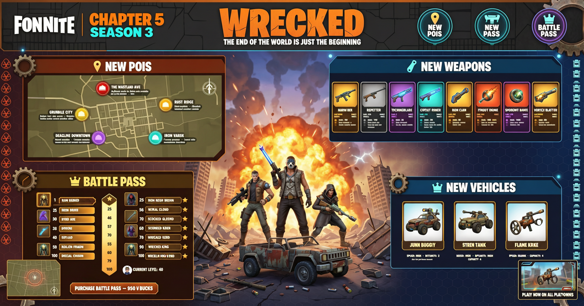 Fortnite Chapter 5 Season 3: Wrecked Season Guide – New POIs, Weapons, and Battle Pass